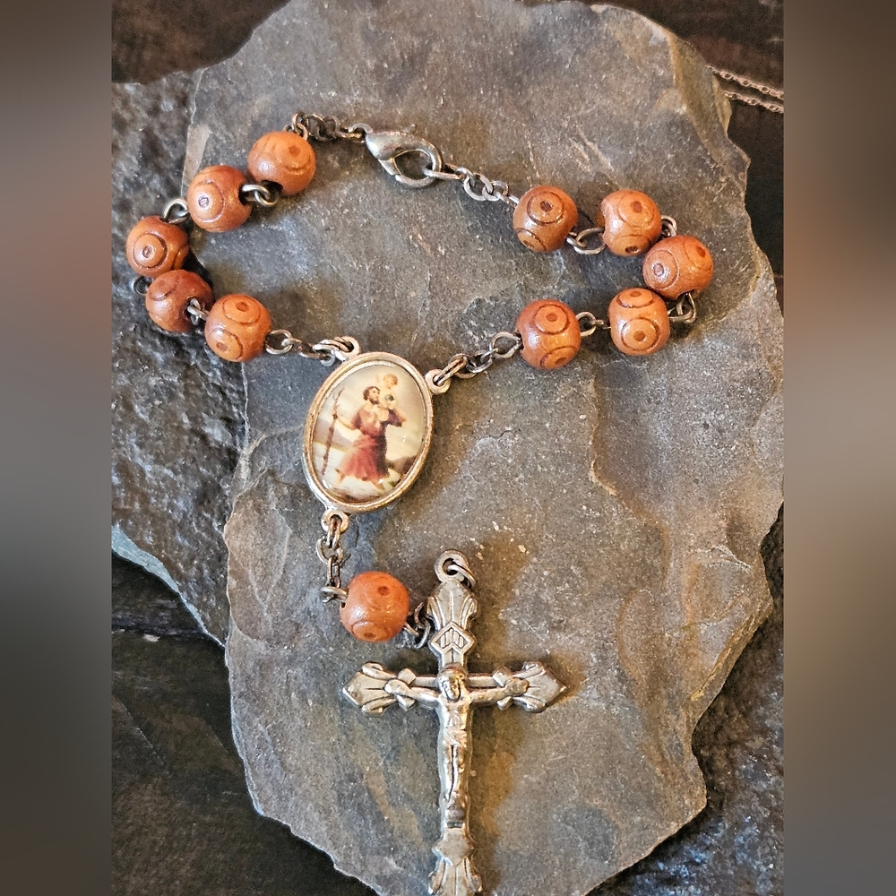 Vintage Wood Bead Rosary Prayer Bracelet